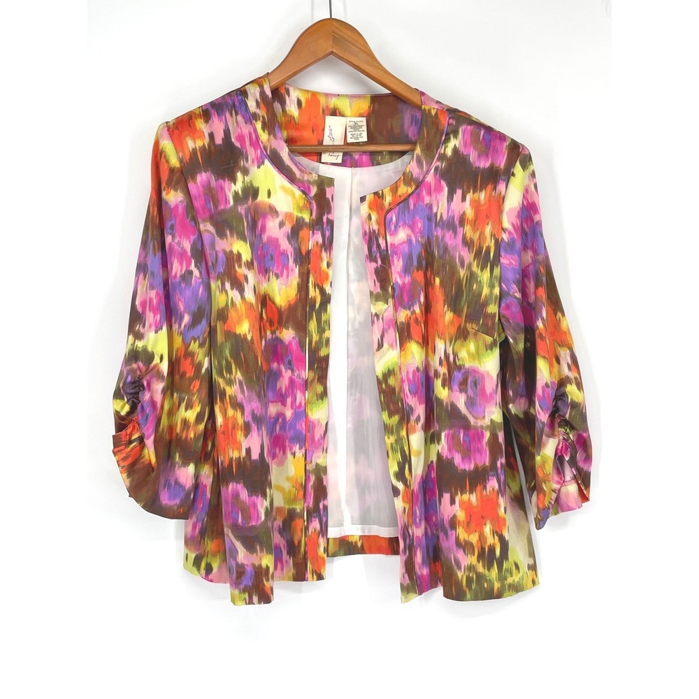 Lavender & Honey Womens Blazer XL Open Front Multicolor Abstract Ruching Sleeve